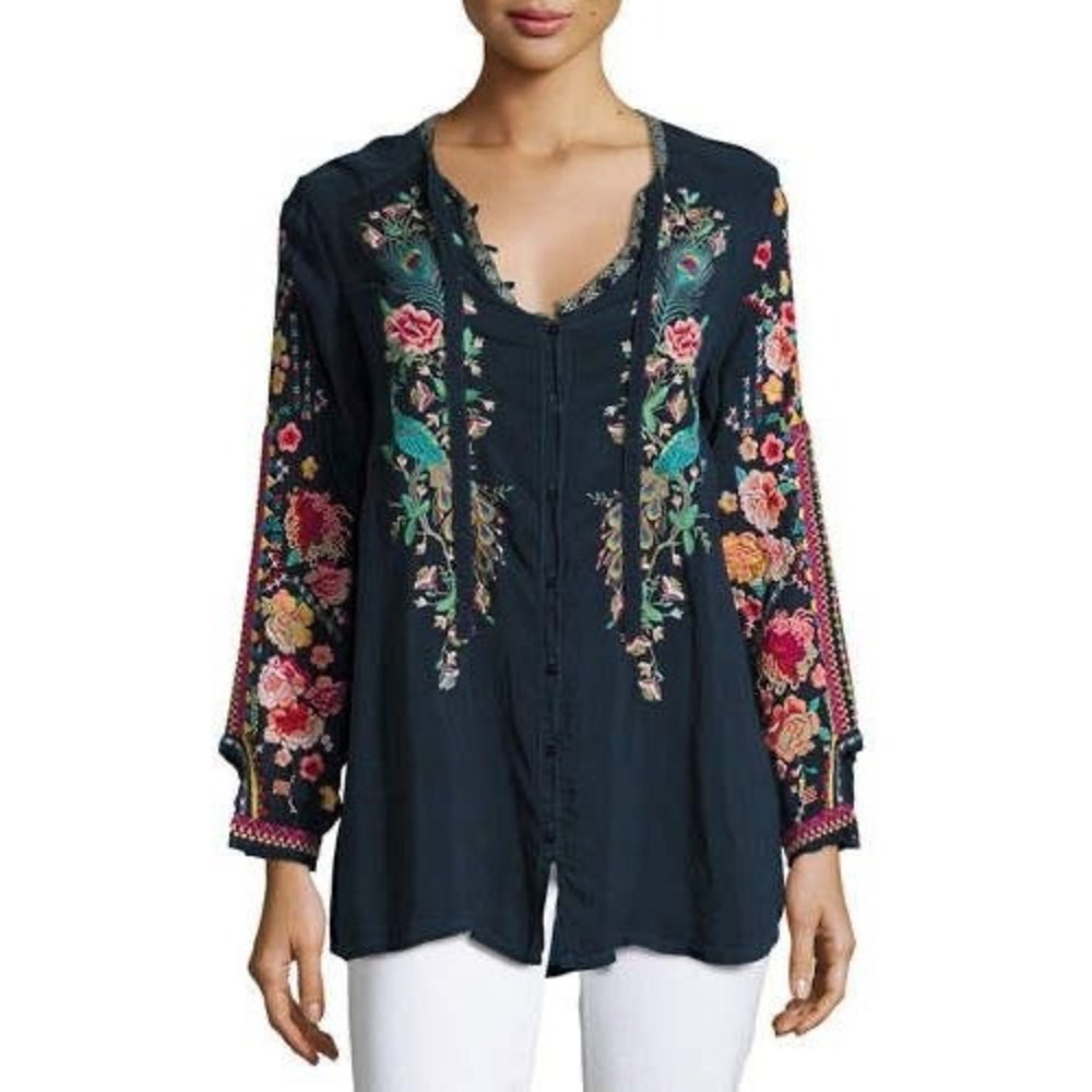 Johnny Was Peacock Embroidered Georgette Tunic Blouse Navy Silk Look S